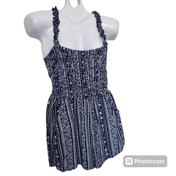 Lily Rose Women's Short Romper Blue/White Shirred Elastic Bodice Pocketed  S-Jr - Picture 2 of 9
